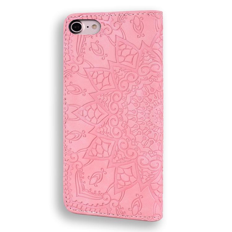 For iPhone 16e Mandala Embossed Dual-Fold Calf Leather Phone Case(Pink)