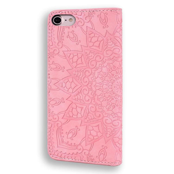 For iPhone 16e Mandala Embossed Dual-Fold Calf Leather Phone Case(Pink)