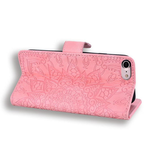 For iPhone 16e Mandala Embossed Dual-Fold Calf Leather Phone Case(Pink)