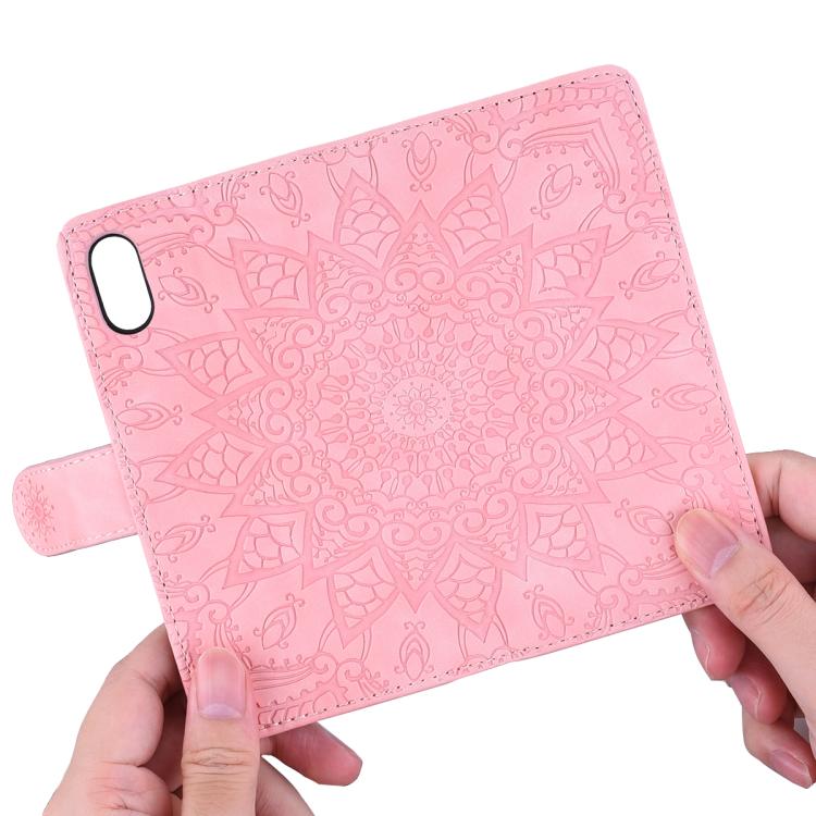 For iPhone 16e Mandala Embossed Dual-Fold Calf Leather Phone Case(Pink)