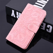 For iPhone 16e Mandala Embossed Dual-Fold Calf Leather Phone Case(Pink)