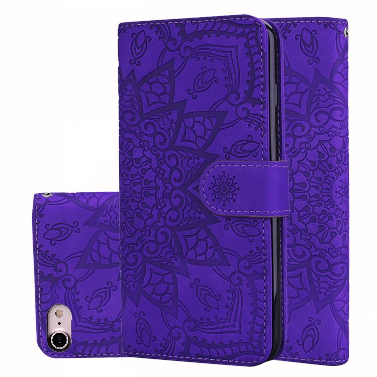 For iPhone 16e Mandala Embossed Dual-Fold Calf Leather Phone Case(Purple)