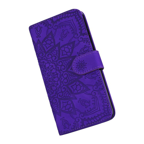 For iPhone 16e Mandala Embossed Dual-Fold Calf Leather Phone Case(Purple)