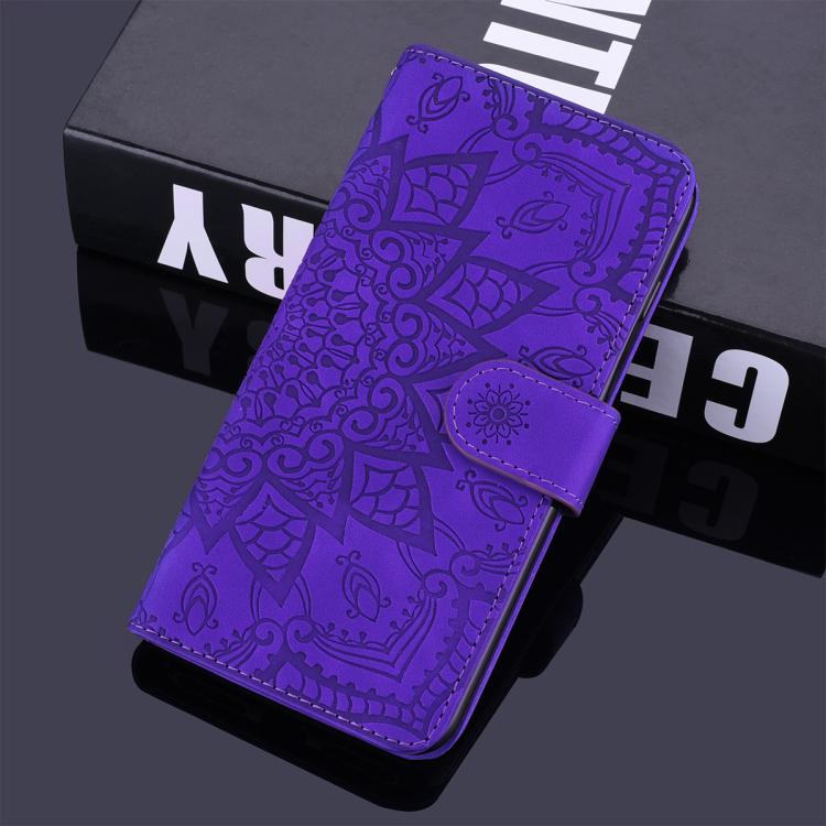 For iPhone 16e Mandala Embossed Dual-Fold Calf Leather Phone Case(Purple)