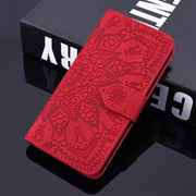 For iPhone 16e Mandala Embossed Dual-Fold Calf Leather Phone Case(Red)