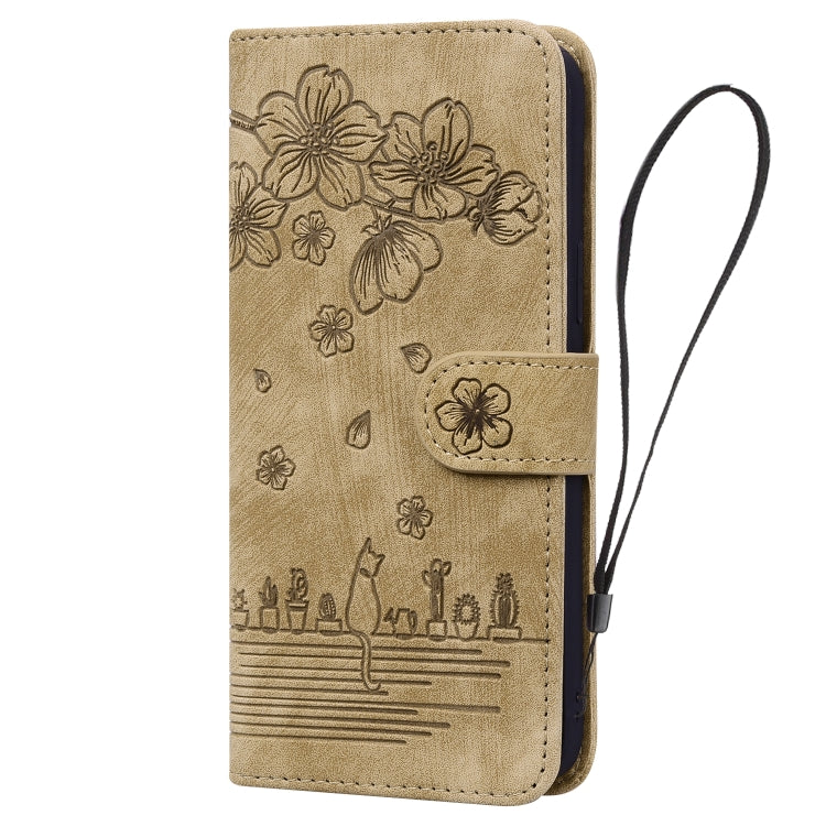 For iPhone 16 Pro Max Cartoon Sakura Cat Embossed Leather Phone Case(Brown)