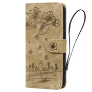 For iPhone 16 Pro Max Cartoon Sakura Cat Embossed Leather Phone Case(Brown)