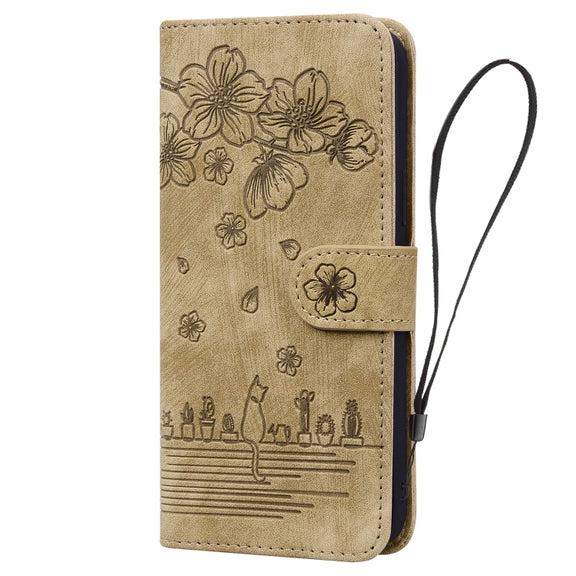 For iPhone 16 Pro Max Cartoon Sakura Cat Embossed Leather Phone Case(Brown)