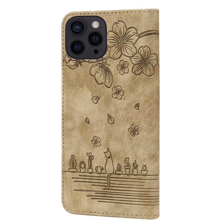 For iPhone 16 Pro Max Cartoon Sakura Cat Embossed Leather Phone Case(Brown)