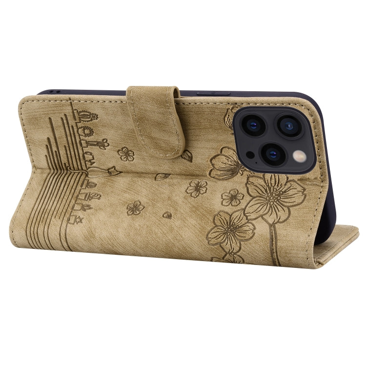 For iPhone 16 Pro Max Cartoon Sakura Cat Embossed Leather Phone Case(Brown)