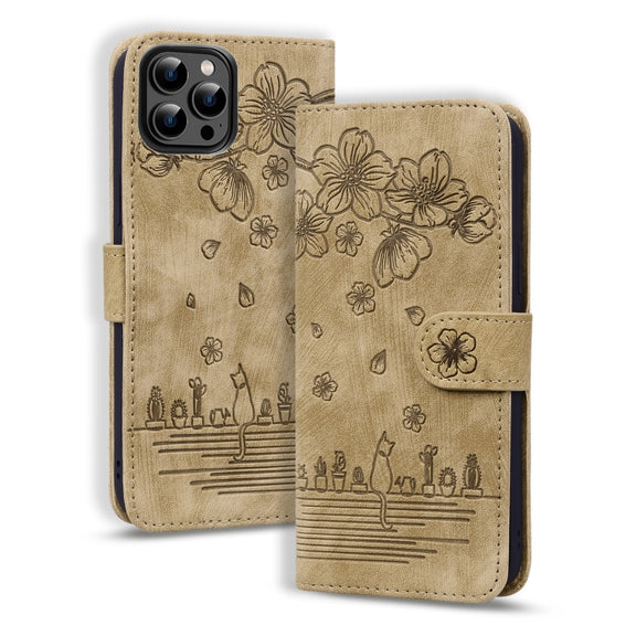 For iPhone 16 Pro Max Cartoon Sakura Cat Embossed Leather Phone Case(Brown)