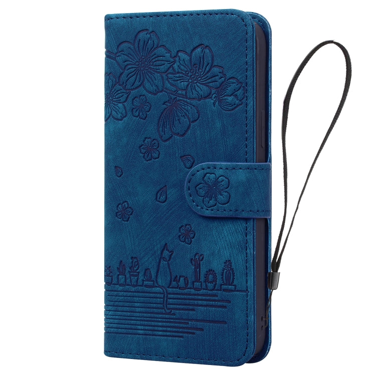 For iPhone 16 Pro Cartoon Sakura Cat Embossed Leather Phone Case(Royal Blue)