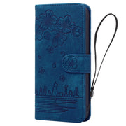 For iPhone 16 Pro Cartoon Sakura Cat Embossed Leather Phone Case(Royal Blue)