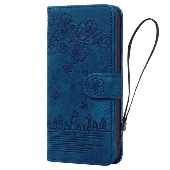 For iPhone 16 Pro Cartoon Sakura Cat Embossed Leather Phone Case(Royal Blue)