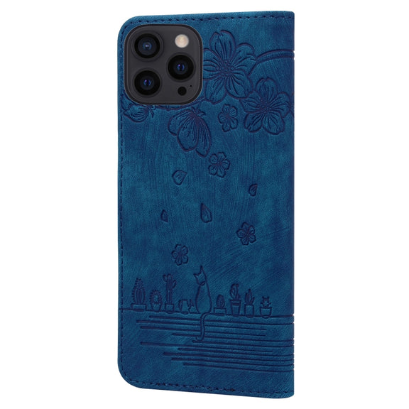 For iPhone 16 Pro Cartoon Sakura Cat Embossed Leather Phone Case(Royal Blue)