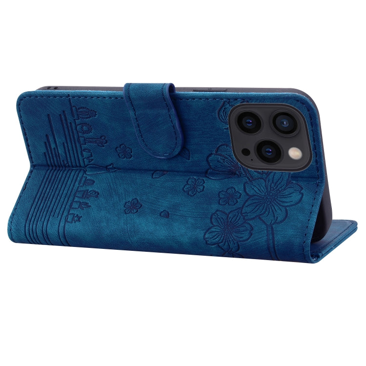 For iPhone 16 Pro Cartoon Sakura Cat Embossed Leather Phone Case(Royal Blue)