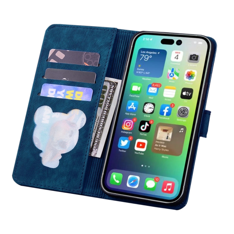 For iPhone 16 Pro Cartoon Sakura Cat Embossed Leather Phone Case(Royal Blue)