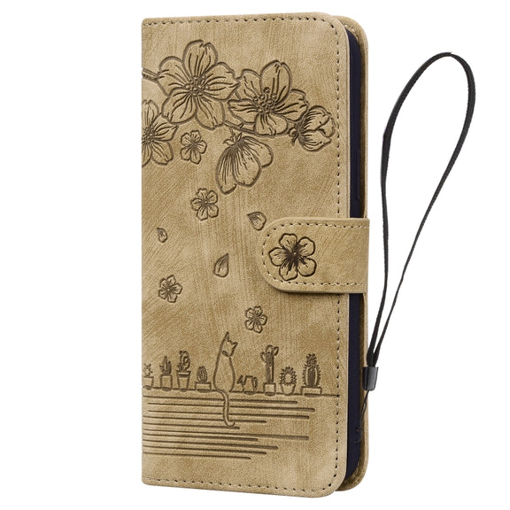 For iPhone 16 Plus Cartoon Sakura Cat Embossed Leather Phone Case(Brown)