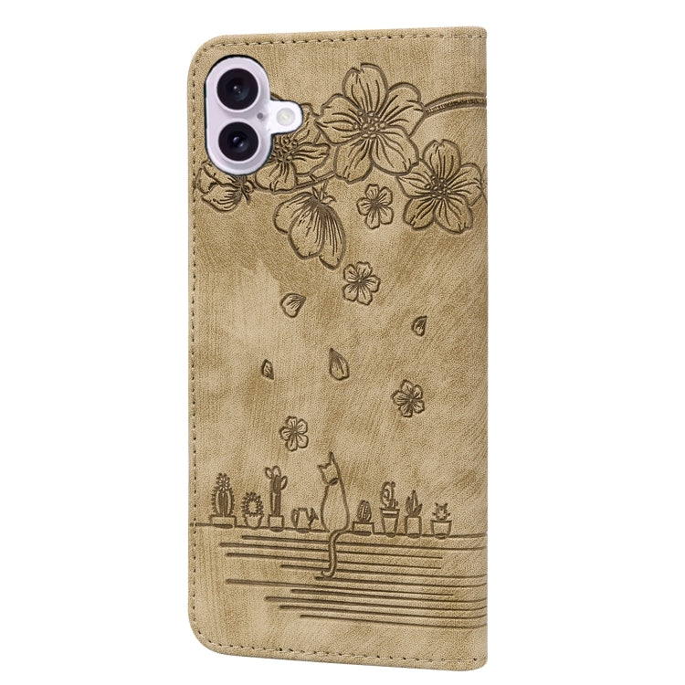 For iPhone 16 Plus Cartoon Sakura Cat Embossed Leather Phone Case(Brown)