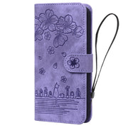 For iPhone 16 Cartoon Sakura Cat Embossed Leather Phone Case(Purple)