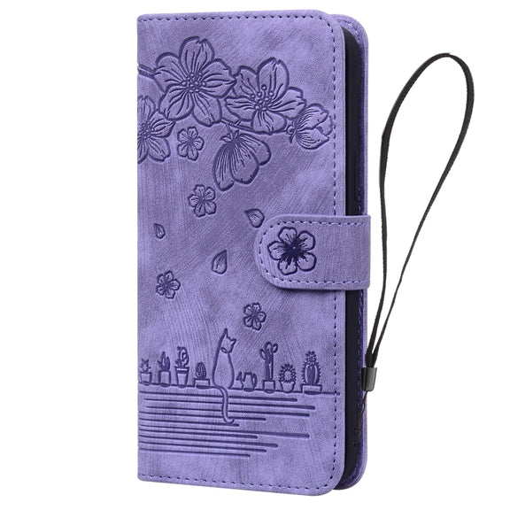 For iPhone 16 Cartoon Sakura Cat Embossed Leather Phone Case(Purple)