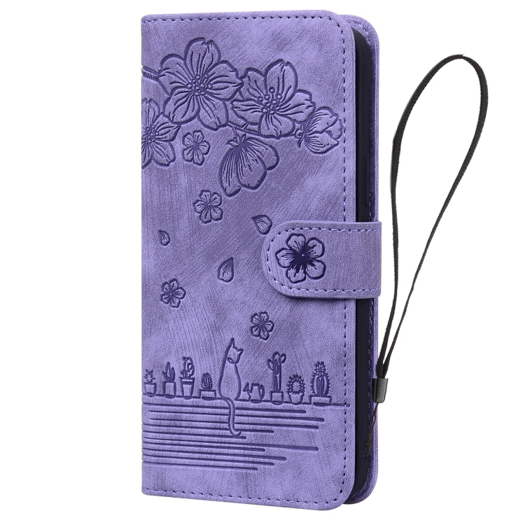 For iPhone 16 Cartoon Sakura Cat Embossed Leather Phone Case(Purple)