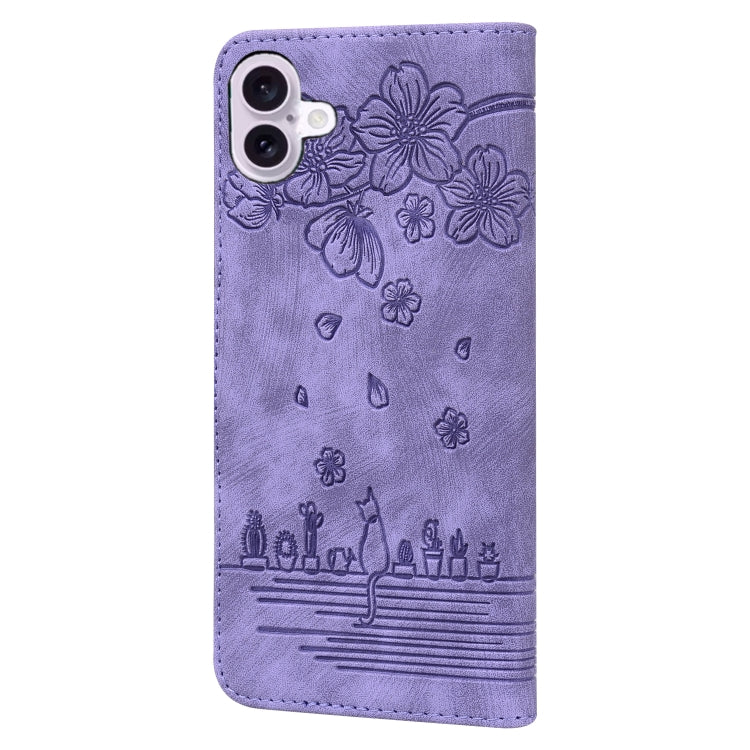 For iPhone 16 Cartoon Sakura Cat Embossed Leather Phone Case(Purple)