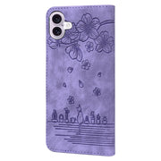 For iPhone 16 Cartoon Sakura Cat Embossed Leather Phone Case(Purple)