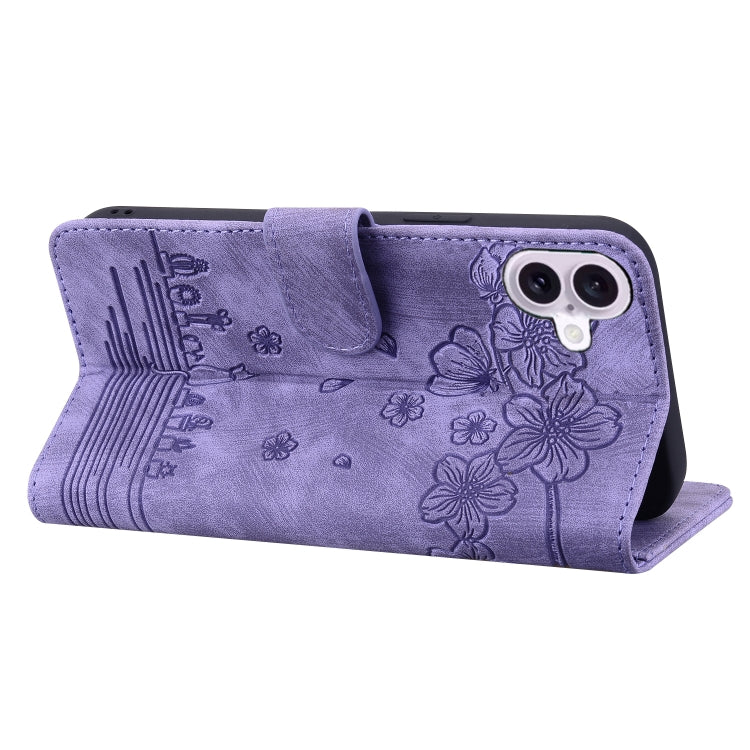 For iPhone 16 Cartoon Sakura Cat Embossed Leather Phone Case(Purple)