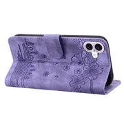 For iPhone 16 Cartoon Sakura Cat Embossed Leather Phone Case(Purple)