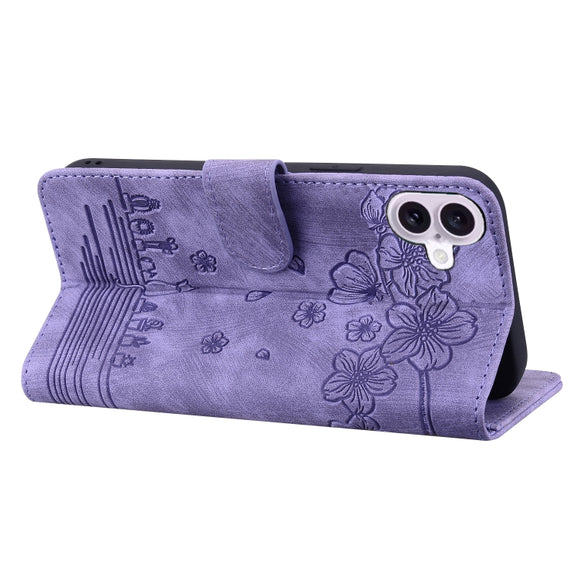 For iPhone 16 Cartoon Sakura Cat Embossed Leather Phone Case(Purple)