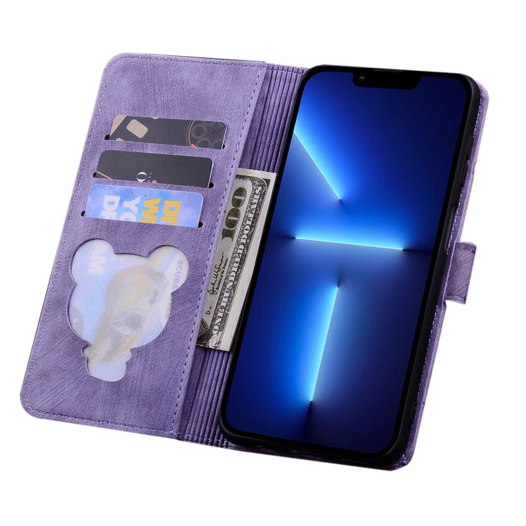 For iPhone 16 Cartoon Sakura Cat Embossed Leather Phone Case(Purple)