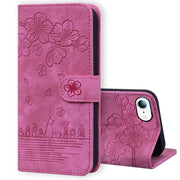 For iPhone 16e Cartoon Sakura Cat Embossed Leather Phone Case(Rose Red)