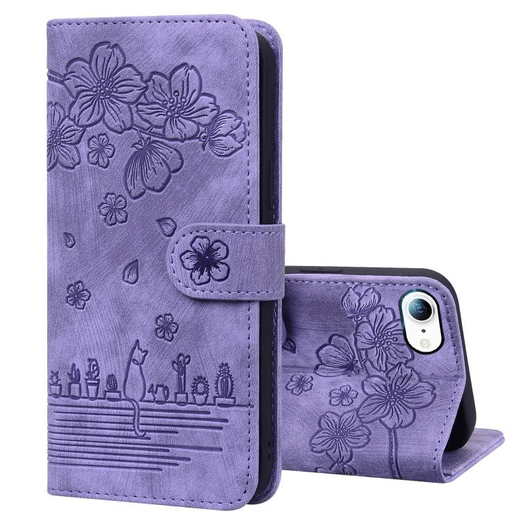 For iPhone 16e Cartoon Sakura Cat Embossed Leather Phone Case(Purple)