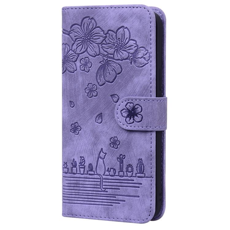 For iPhone 16e Cartoon Sakura Cat Embossed Leather Phone Case(Purple)