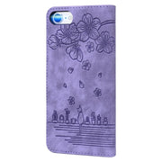 For iPhone 16e Cartoon Sakura Cat Embossed Leather Phone Case(Purple)