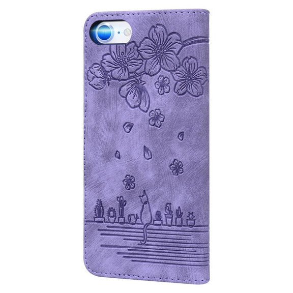For iPhone 16e Cartoon Sakura Cat Embossed Leather Phone Case(Purple)