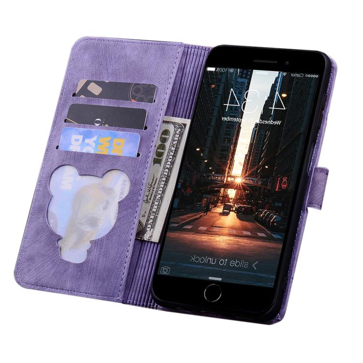 For iPhone 16e Cartoon Sakura Cat Embossed Leather Phone Case(Purple)