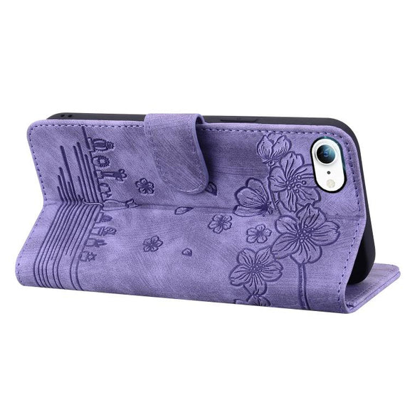 For iPhone 16e Cartoon Sakura Cat Embossed Leather Phone Case(Purple)