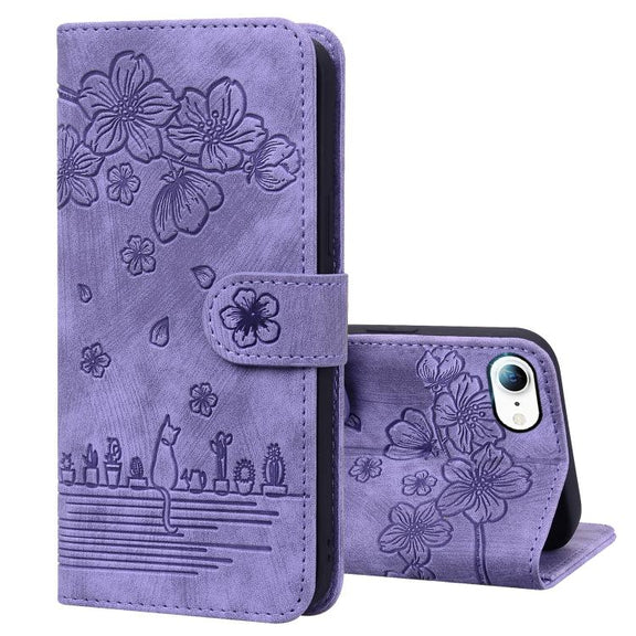 For iPhone 16e Cartoon Sakura Cat Embossed Leather Phone Case(Purple)