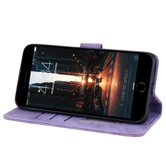 For iPhone 16e Cartoon Sakura Cat Embossed Leather Phone Case(Purple)