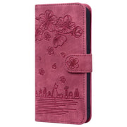 For iPhone 16e Cartoon Sakura Cat Embossed Leather Phone Case(Wine Red)