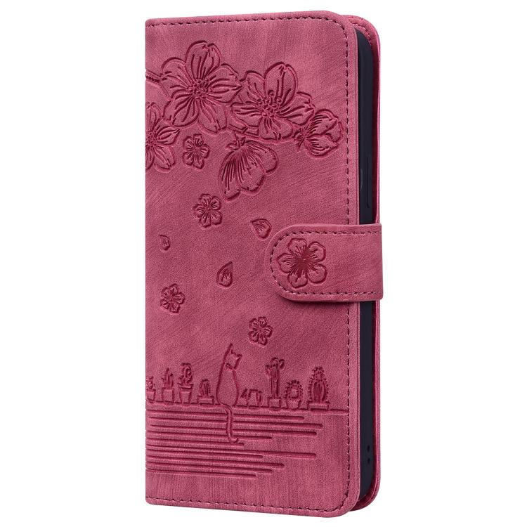 For iPhone 16e Cartoon Sakura Cat Embossed Leather Phone Case(Wine Red)