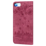 For iPhone 16e Cartoon Sakura Cat Embossed Leather Phone Case(Wine Red)