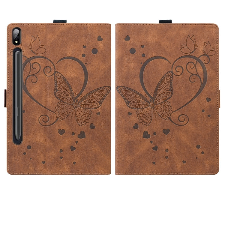 For Samsung Galaxy Tab S9 FE+ Love Butterfly Embossed Leather Tablet Case(Brown)