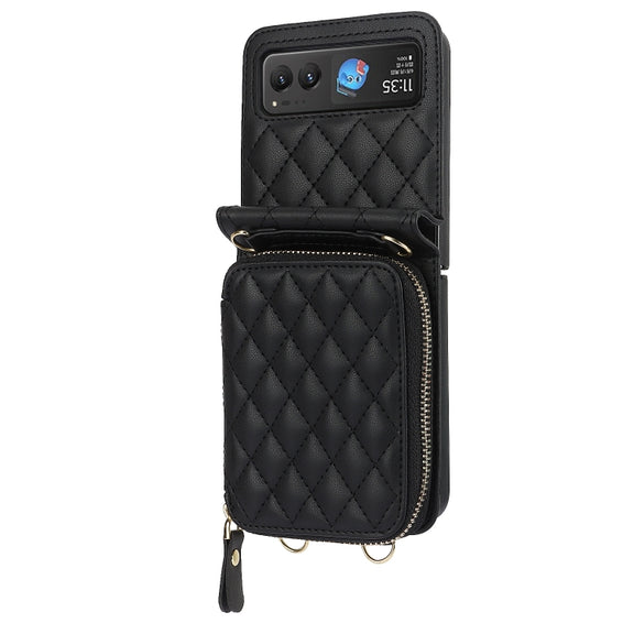 For Motorola Razr 40 Rhombic Texture Card Bag Phone Case with Dual Lanyard(Black)