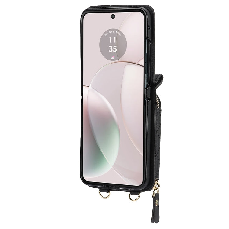 For Motorola Razr 40 Rhombic Texture Card Bag Phone Case with Dual Lanyard(Black)