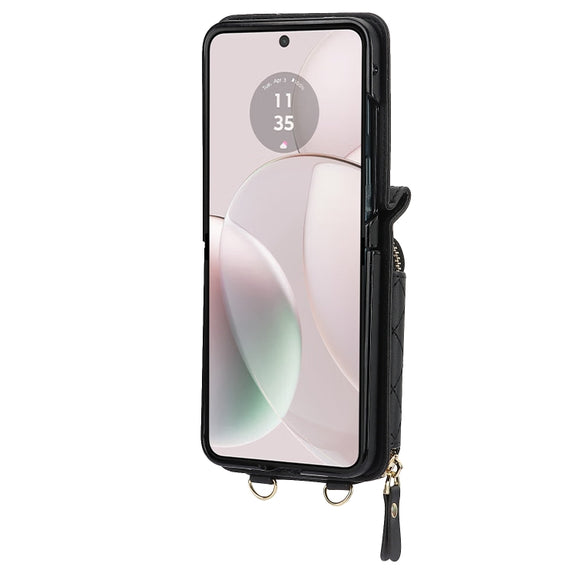 For Motorola Razr 40 Rhombic Texture Card Bag Phone Case with Dual Lanyard(Black)