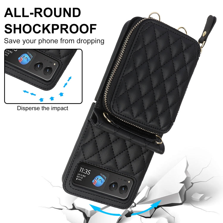 For Motorola Razr 40 Rhombic Texture Card Bag Phone Case with Dual Lanyard(Black)