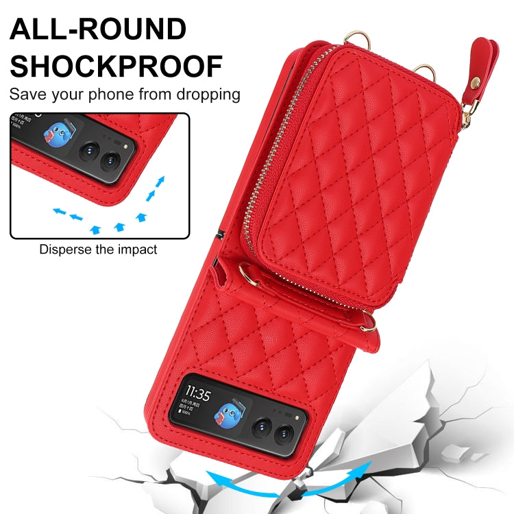 For Motorola Razr 40 Rhombic Texture Card Bag Phone Case with Dual Lanyard(Red)